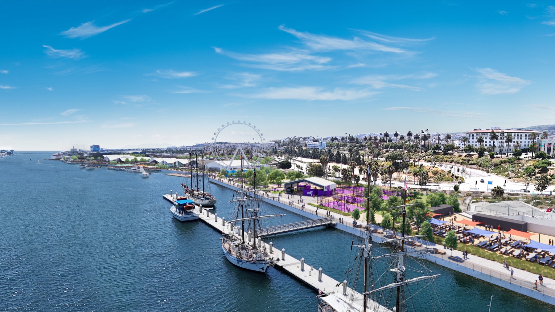 Aerial rendering of the West Harbor promenade with tall ships berthed along the docks