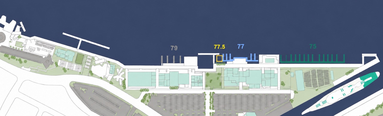 Site plan of the West Harbor waterfront showing the locations of Berths 75, 77, 77.5 and 79